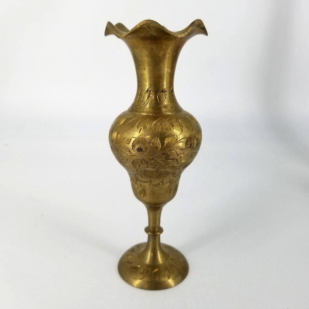 Vintage Brass Vase Flower Floral Three Etched India Home Decor 11.50" to 4.50" - Picture 3 of 11